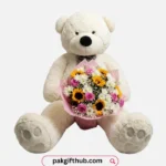 6-Foot White Teddy Bear with Imported Flower Bouquet