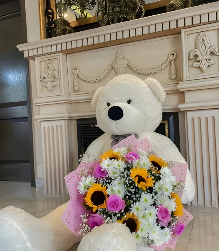 6-Foot White Teddy Bear with Imported Flower Bouquet picture 02
