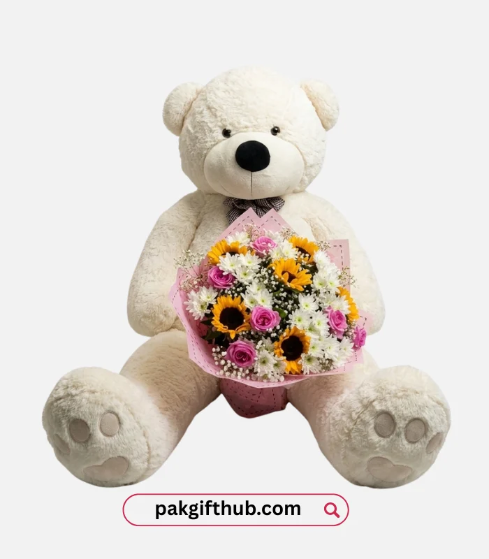 6-Foot White Teddy Bear with Imported Flower Bouquet