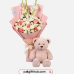Pink Bouquet with Mini Teddy Bear
