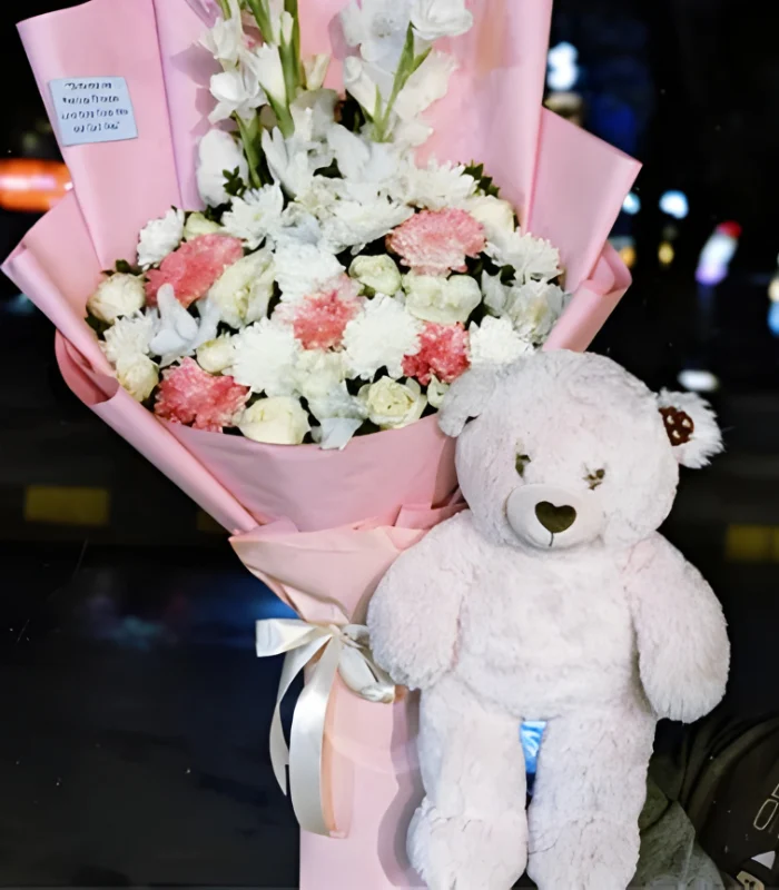Pink Bouquet with Mini Teddy Bear (2)