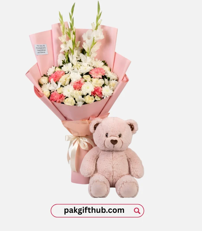 Pink Bouquet with Mini Teddy Bear
