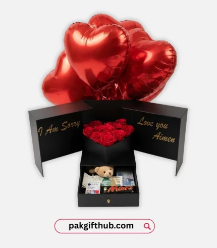 Apology gift set with flowers chocolates balloons Pakistan