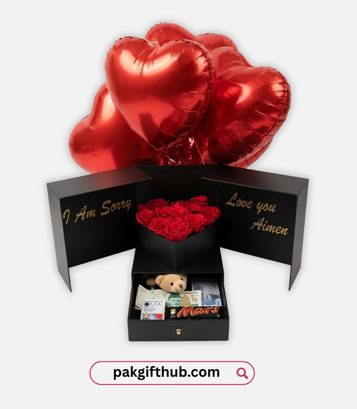 Apology gift set with flowers chocolates balloons Pakistan