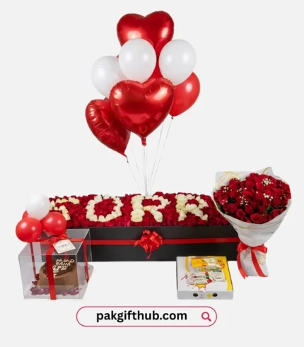 Apology surprise gift with flowers cake balloons and pizza in Pakistan