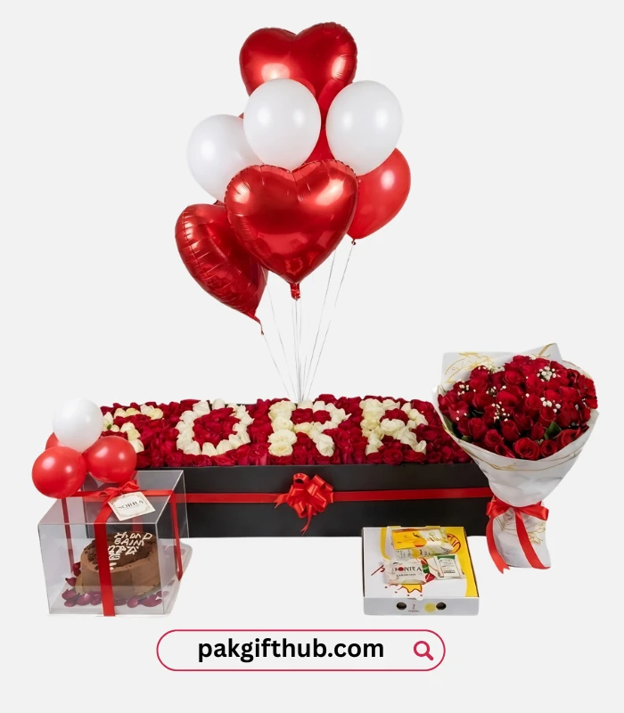 Apology surprise gift with flowers cake balloons and pizza in Pakistan