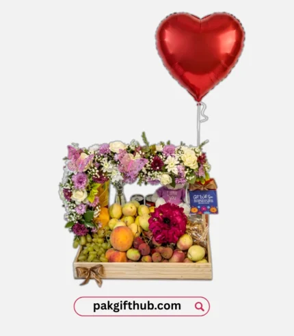 Fresh Fruit Basket with Gajray & Heart Balloons – A Gift Full of Love & Freshness