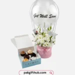 Get Well Soon Flowers Gift Box with Cupcakes & Balloons