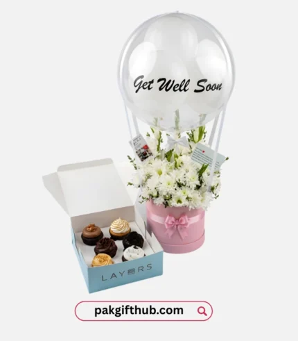 Get Well Soon Flowers Gift Box with Cupcakes & Balloons