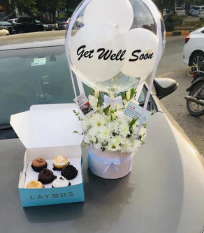 Get Well Soon Flowers Gift Box with Cupcakes & Balloons picture 02