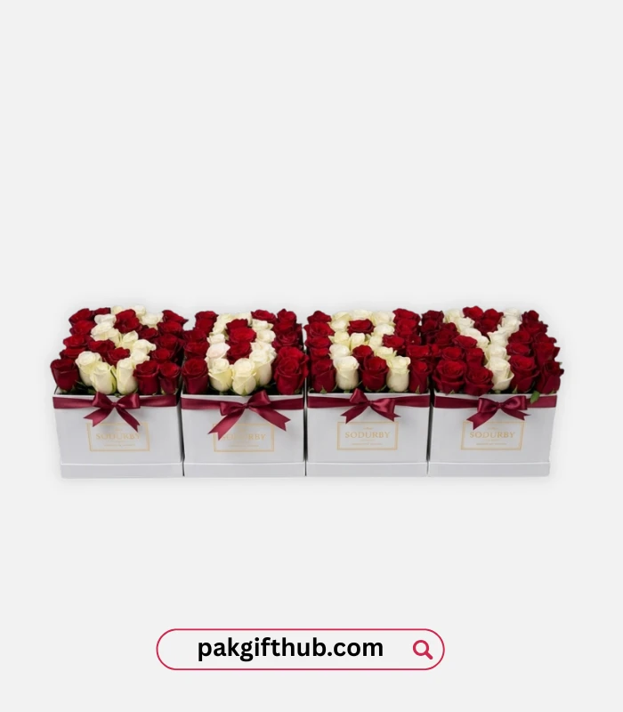 Premium roses sorry box gift in Pakistan with fresh flowers arranged to spell sorry