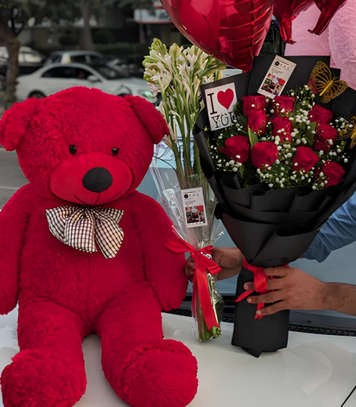 Red Rose & Tube Rose Bouquet with Cute Red Teddy 02