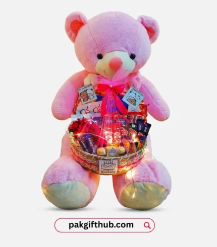 Teddy Bear Love Pink Teddy & Chocolate Basket