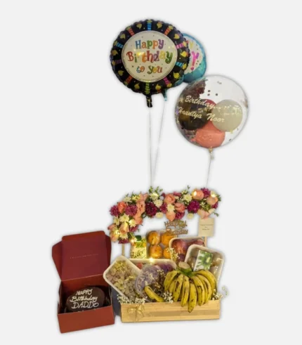Ultimate Luxury Gift Basket – Fresh Fruits, Flowers, Customized Balloons & Cake